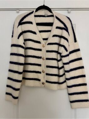 a new day Cream & Navy Striped Fuzzy V-Neck Cardigan